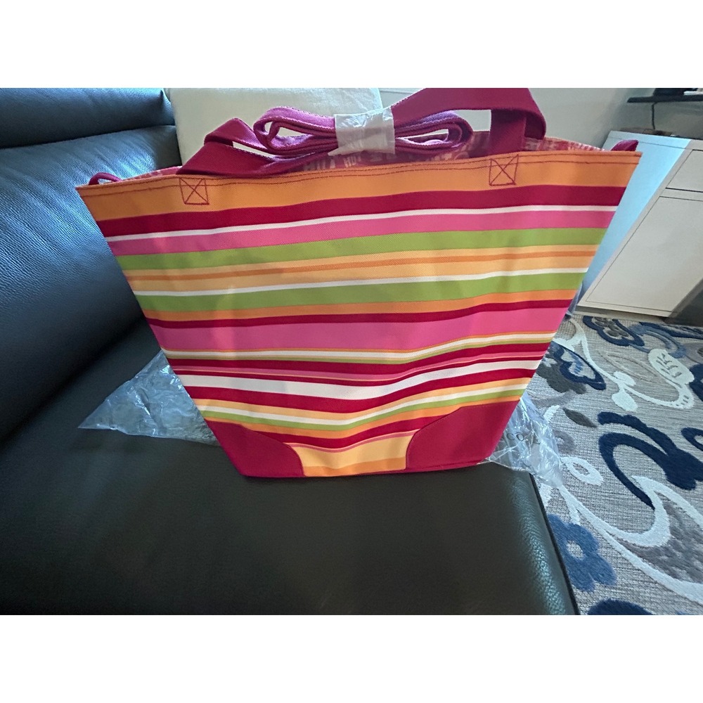 Lancome Paris Striped Canvas Tote Bag Pink Orange Green Summer Beach Bag New